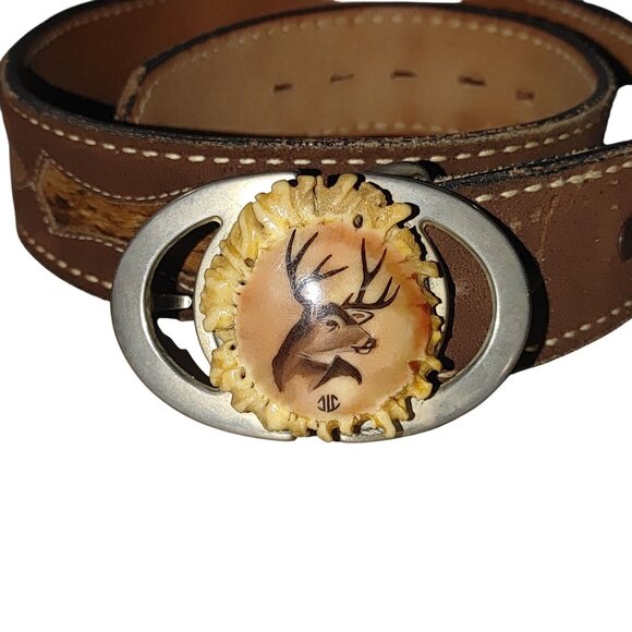 Vintage Justin Belt Western Leather Brown Deer Antler Buckle Size 28 Fur Inlay - Picture 1 of 11